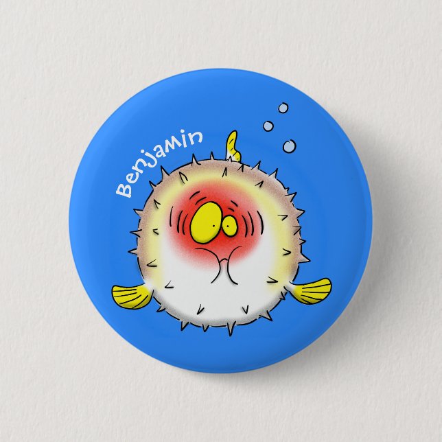 Funny Puffer Fish porcupfish Cartoon Button (Vorderseite)