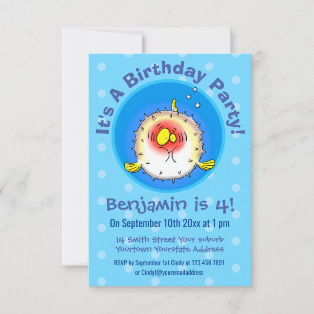 Funny Puffer Fish porcupfish Cartoon Einladung (Vorderseite)