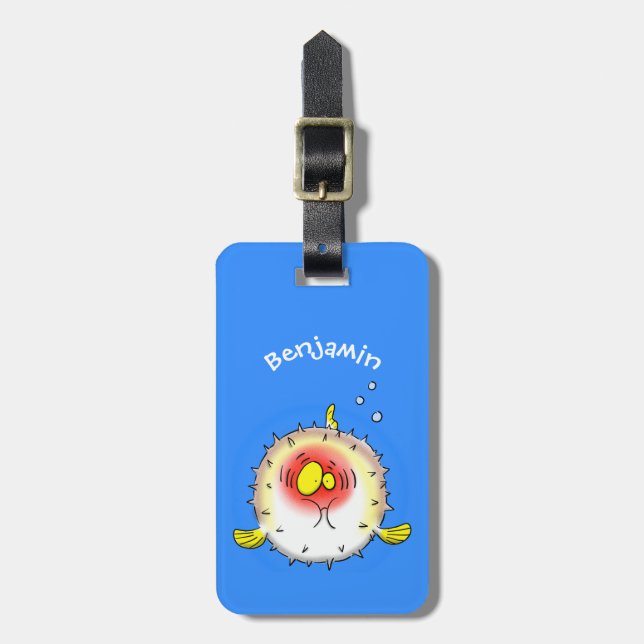 Funny Puffer Fish porcupfish Cartoon Gepäckanhänger (Vorderseite vertikal)