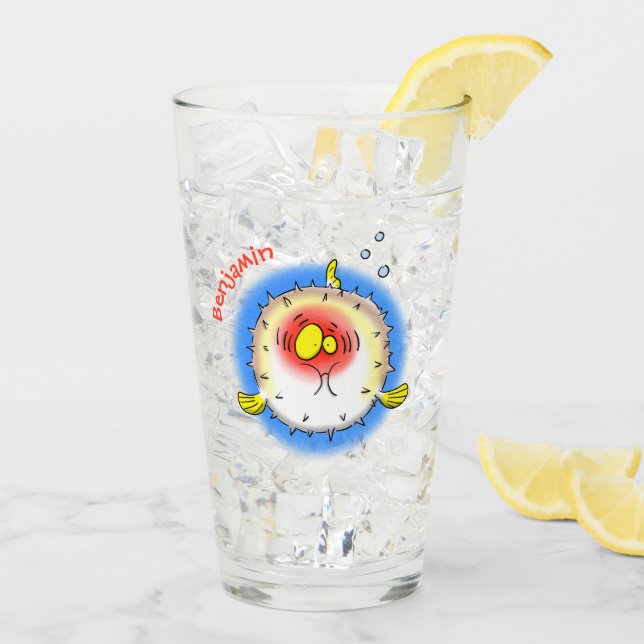 Funny Puffer Fish porcupfish Cartoon Glas (Rückseite Ice)