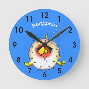 Funny Puffer Fish porcupfish Cartoon Runde Wanduhr