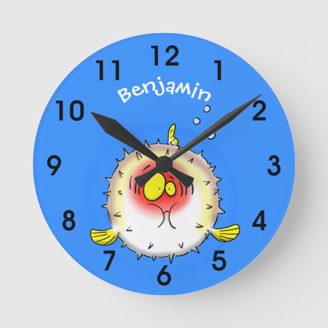 Funny Puffer Fish porcupfish Cartoon Runde Wanduhr (Vorderseite)