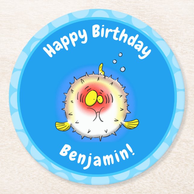 Funny Puffer Fish porcupfish Cartoon Runder Pappuntersetzer (Vorderseite)