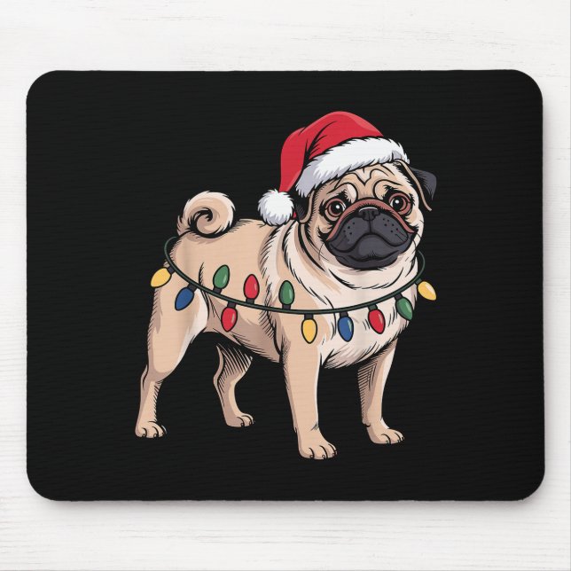 Funny Pug Christmas Santa Hat Xmas Lights  Mousepad (Vorne)