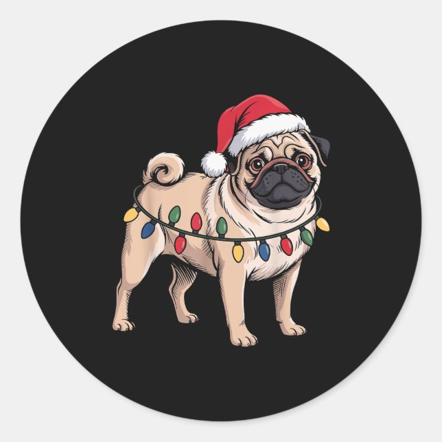 Funny Pug Christmas Santa Hat Xmas Lights  Runder Aufkleber (Vorderseite)
