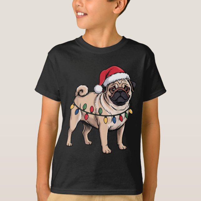 Funny Pug Christmas Santa Hat Xmas Lights  T-Shirt (Vorderseite)
