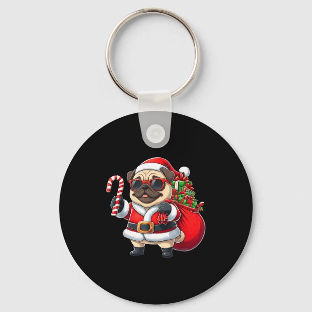 Funny Pug Christmas Santa Outfit Xmas Mom Dad Kids Schlüsselanhänger (Vorderseite)