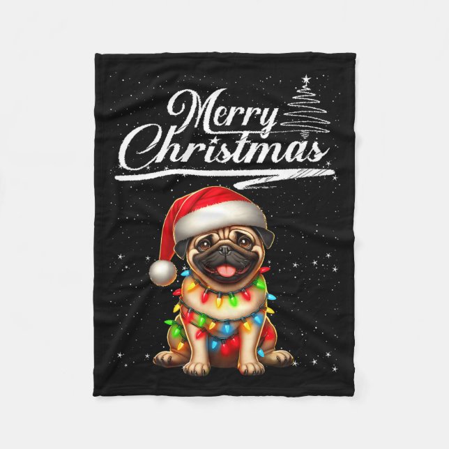 Funny Pug Dog Christmas Lights Santa Hat Candy Can Fleecedecke (Vorderseite)