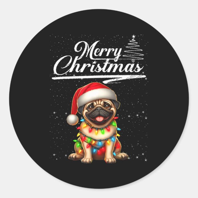 Funny Pug Dog Christmas Lights Santa Hat Candy Can Runder Aufkleber (Vorderseite)