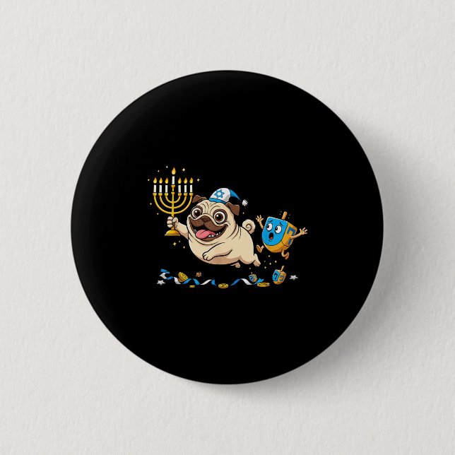 Funny Pug Dreidel Menorah Hanukkah Kids Womens Men Button (Vorderseite)