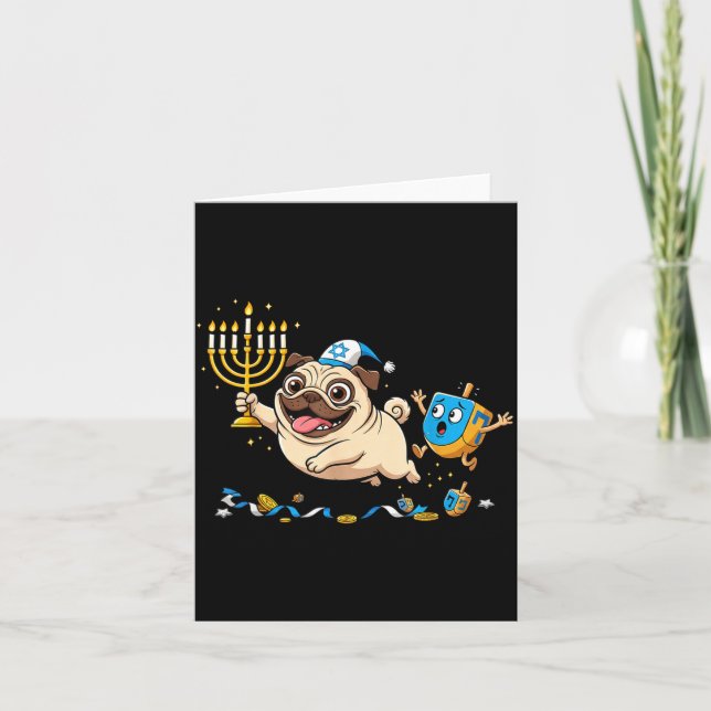 Funny Pug Dreidel Menorah Hanukkah Kids Womens Men Karte (Vorderseite)