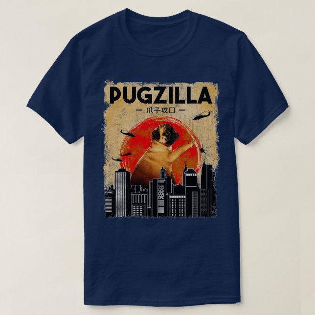 Funny Pug Tshirt Pugzilla Tshirt Funny Dog Puggiga (Design vorne)
