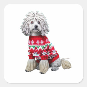 Funny Puli in Weihnachts-Sweater Quadratischer Aufkleber