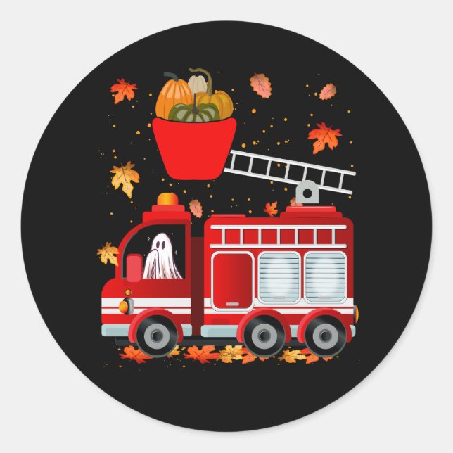 Funny Pumpkin Ghost Driving Fire Truck Halloween F Runder Aufkleber (Vorderseite)