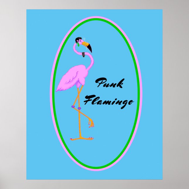 Funny Punk Pink Flamingo on Teal Poster (Vorne)