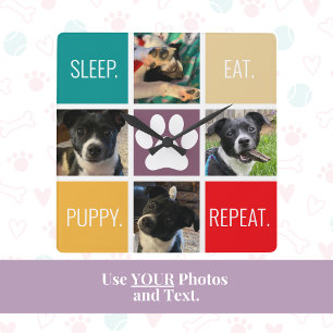 Funny Puppy Sleep essen Wiederholung Hund Lover fa Quadratische Wanduhr