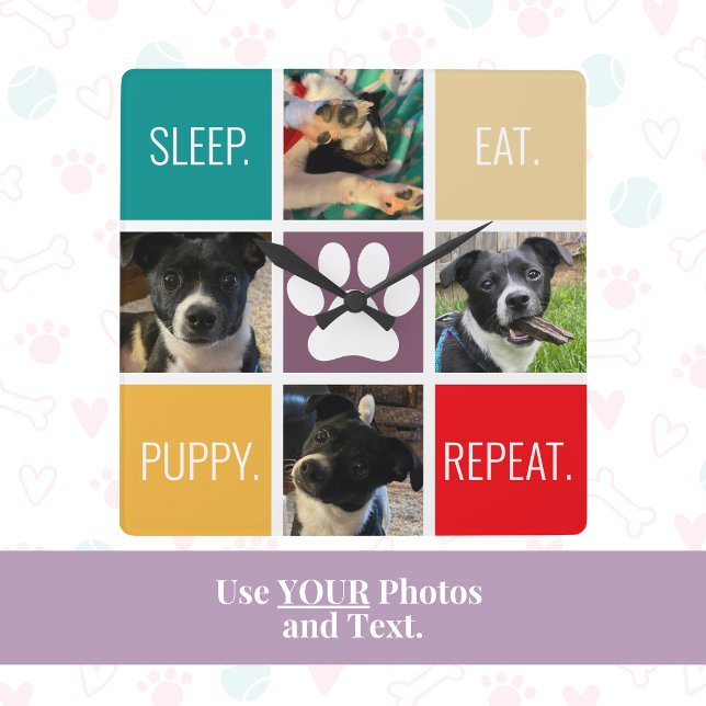Funny Puppy Sleep essen Wiederholung Hund Lover fa Quadratische Wanduhr (This dog mom custom photo and text clock is a cute, practical and unique gift for Mother's Day!)