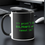 Funny Python Developer Tasse<br><div class="desc">Weck auf, zerbrich und drucke deine Persönlichkeit - buchstäblich. Diese Tasse der Keramik mit schwarzem Akzent liefert Koffein und Code in gleichem Maße, mit der Python-Anweisung >> print("Ich mag BIG_PROMPTS und ich kann nicht lügen") im Retro-grünen Terminal-Schriftart. Entwickelt für Prompt-Ingenieure, AI-Entwickler und alle, die sich fließend in Sarkasmus und Syntax....</div>