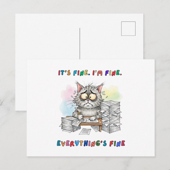 Funny Quirky Cat "Everything's Fine" Postkarte (Vorne/Hinten)