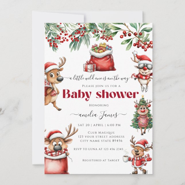 Funny Quirky Christmas Rentier Babydusche Einladung (Vorderseite)