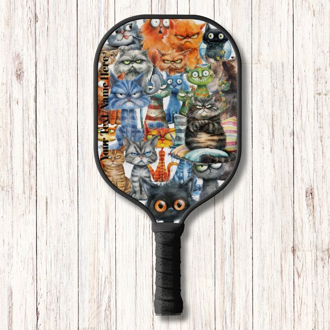 Funny Quirky Gemein Cats Modernes Monogramm Pickleball Schläger (Von Creator hochgeladen)