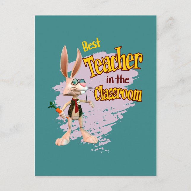Funny Rabbit Best Teacher im Klassenzimmer Postkarte (Vorderseite)
