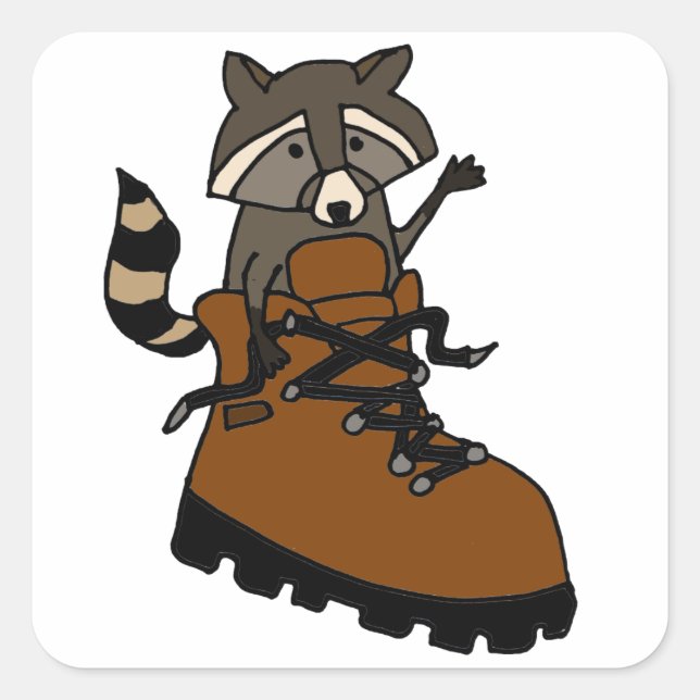 Funny Raccoon beim Wanderboot Quadratischer Aufkleber (Vorderseite)