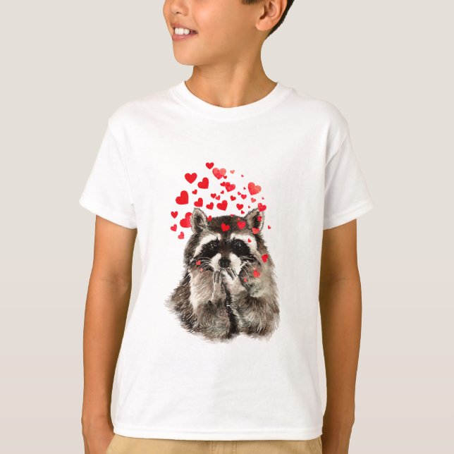Funny Raccoon Blowkisses & Liebe Herz T-Shirt (Vorderseite)