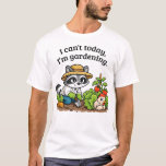 Funny Raccoon Gardening – I Can’t Today I’m Garden T-Shirt<br><div class="desc">Funny raccoon gardening design featuring the phrase “I can’t today, I’m gardening.” A relaxed raccoon tends a vegetable garden while a cautious hen hides in the lettuce, protecting her egg. A lighthearted illustration for gardeners, backyard growers, homesteaders, and anyone who would rather spend the day planting and tending the garden....</div>
