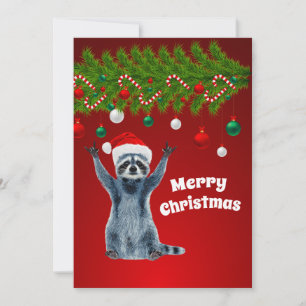 Funny Raccoon mit Weihnachtsmannmütze   Geschenke  Dankeskarte