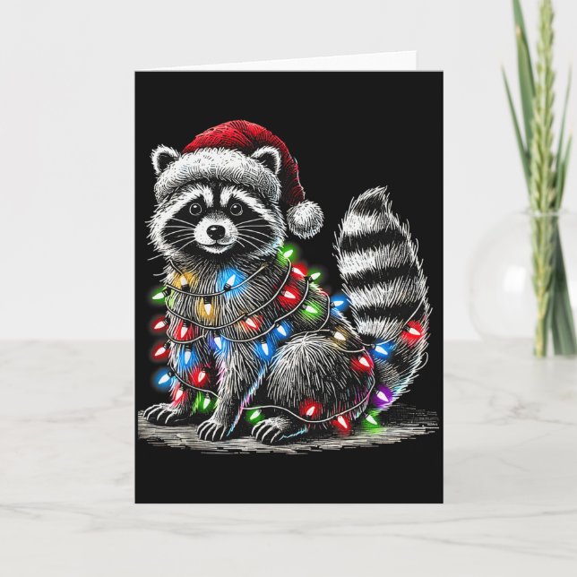Funny Raccoon Santa Hat Christmas Tree Lights Paja Karte (Vorderseite)