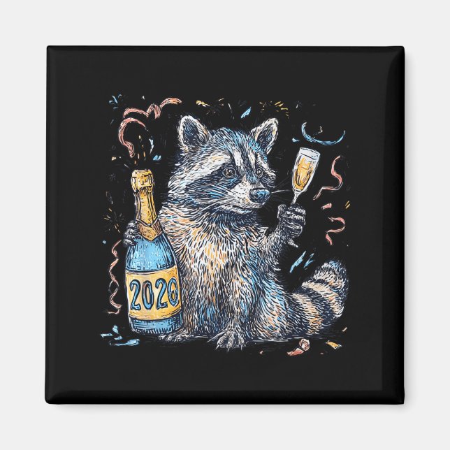 Funny Raccoon With Champagne Disco Ball New Years  Magnet (Vorne)