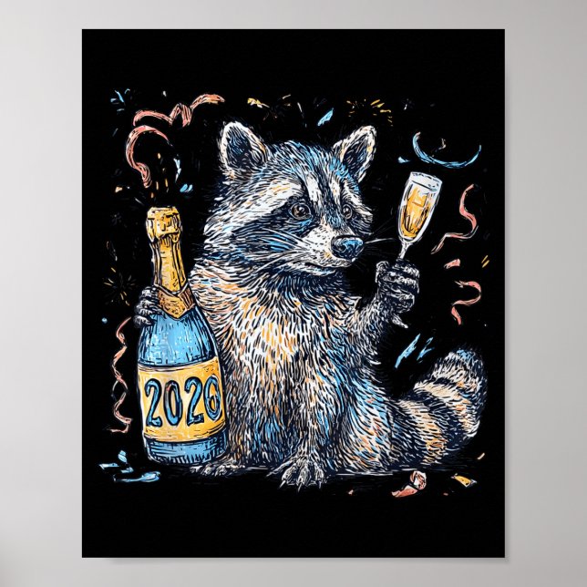 Funny Raccoon With Champagne Disco Ball New Years  Poster (Vorne)
