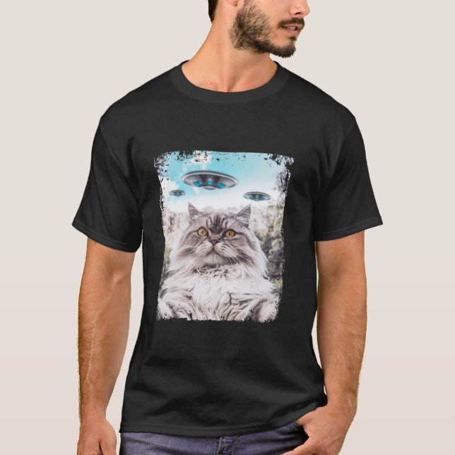 Funny Ragdoll Cat kitten Selfie mit Alien UFOs T-Shirt (Vorderseite)