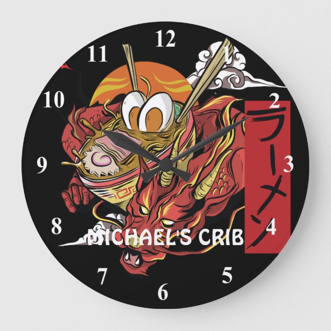 Funny Ramen Dragon Graphics TEEN Name hinzufügen Große Wanduhr (Vorderseite)