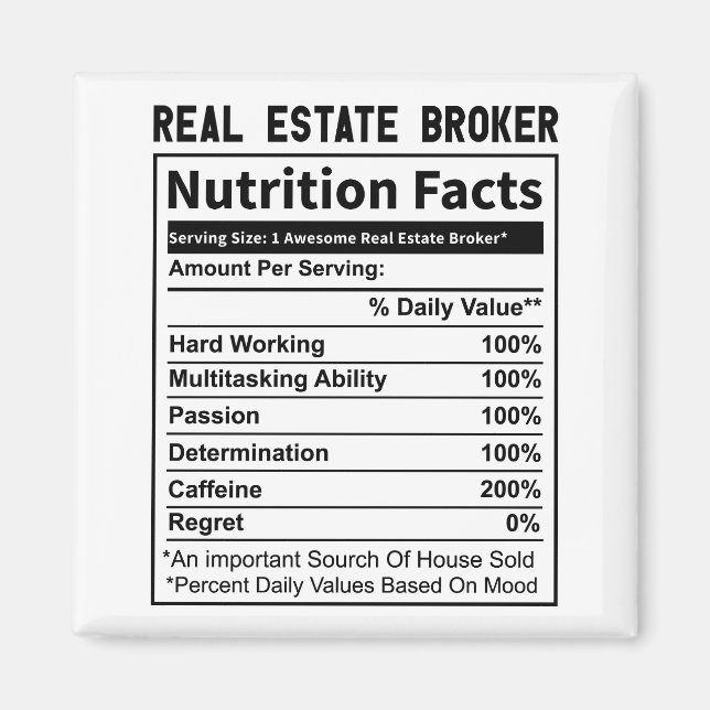 Funny Real Anwesen Broker Realtor Nutrition Fakten Magnet (Vorne)