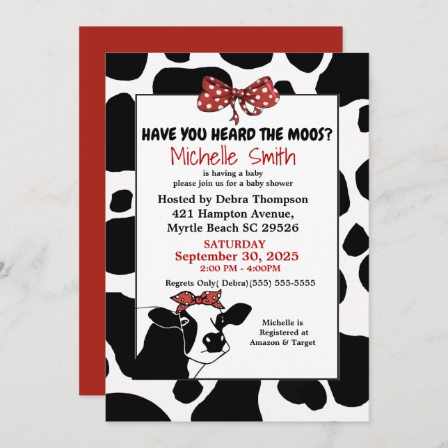 Funny Red and Cow Print Baby Shower Einladungen (Vorne/Hinten)