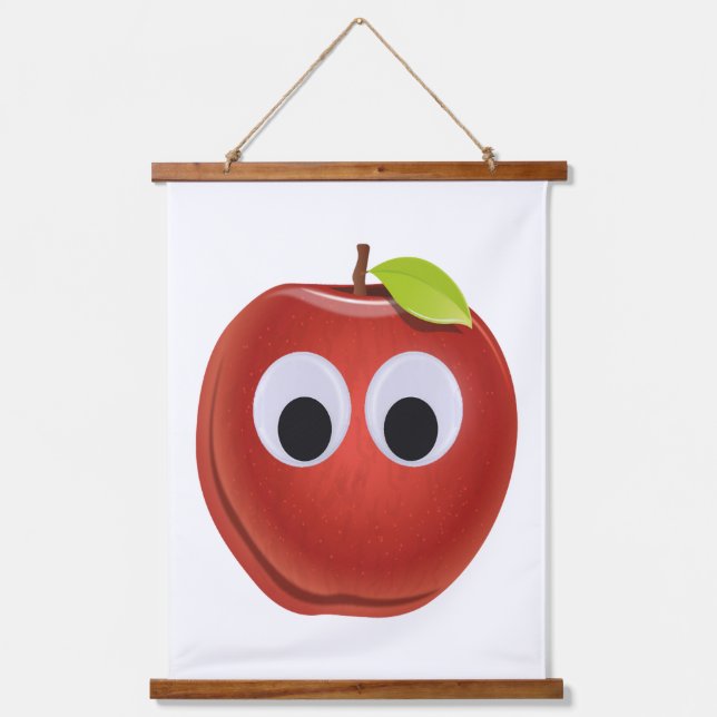 Funny Red Apple mit Googly Eyes Wandteppich Mit Holzrahmen (Vorderseite)