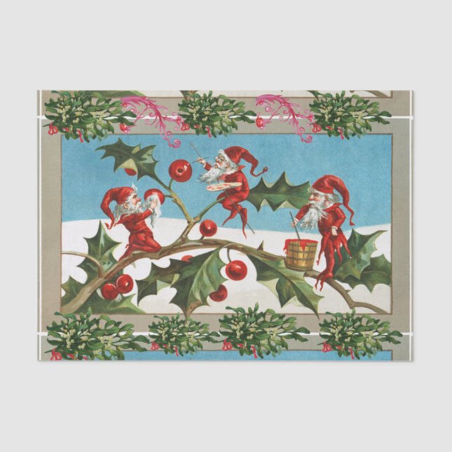 FUNNY RED CHRISTMAS ELVES, HOLLYBERRIES, MISTLETOS SEIDENPAPIER (Vorderseite)