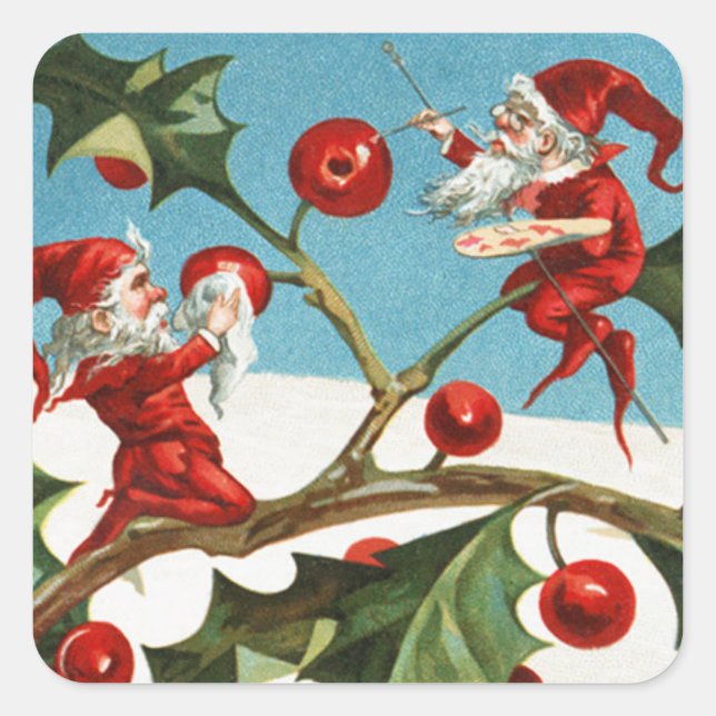 FUNNY RED CHRISTMAS ELVES PAINTING HOLLYBERRIES QUADRATISCHER AUFKLEBER (Vorderseite)