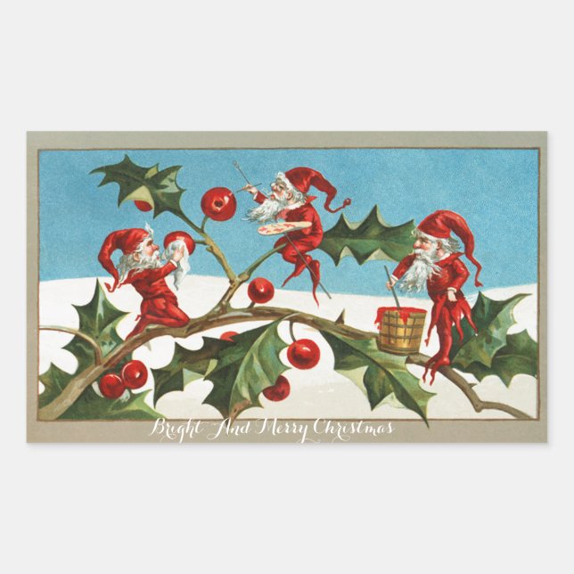FUNNY RED CHRISTMAS ELVES PAINTING HOLLYBERRIES RECHTECKIGER AUFKLEBER (Vorderseite)