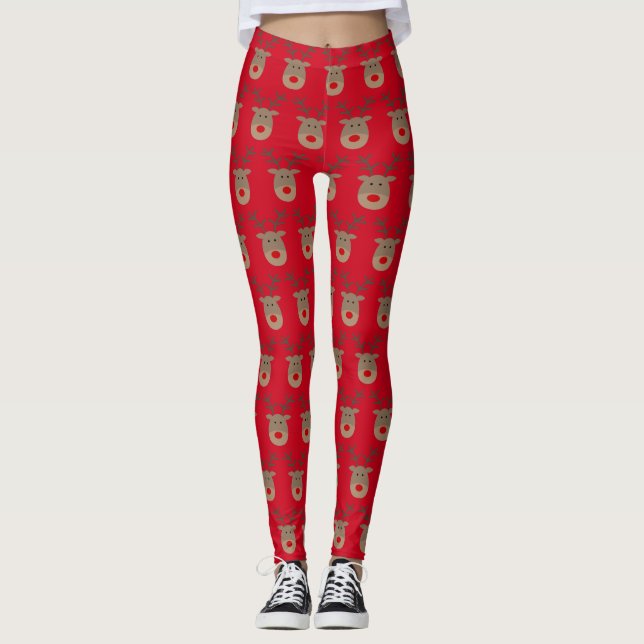 Funny Red Christmas Leggings mit niedlichen Rentie (Vorderseite)