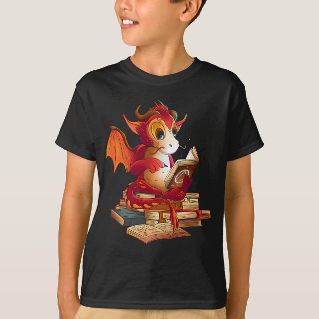 Funny Red Dragon liest Bücher Bibliothekar Dragon T-Shirt (Vorderseite)