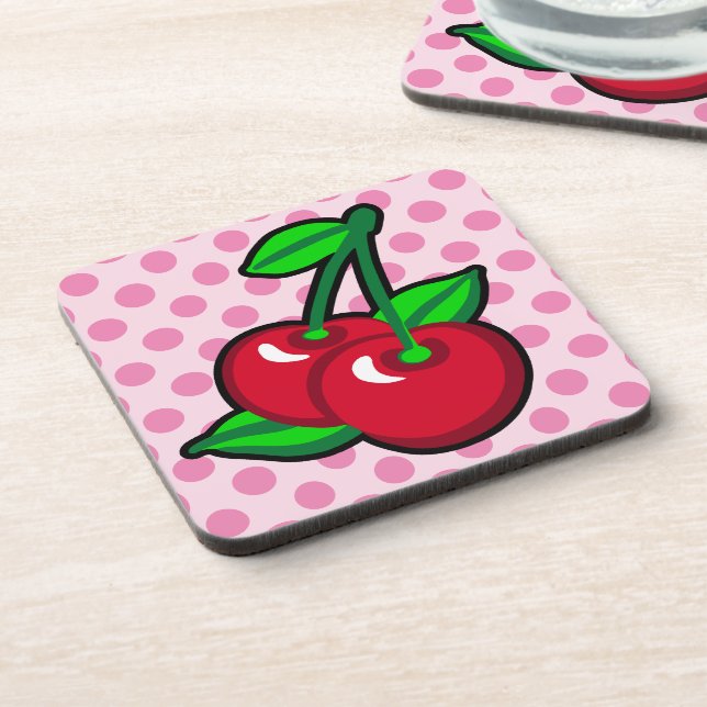Funny Red Green Black Pink Cherries Frucht Pop Art Getränkeuntersetzer (Linke Seite)