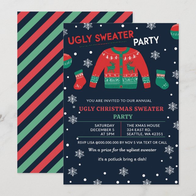 Funny Red Green Ugly Christmas Sweater Party Einladung (Vorne/Hinten)