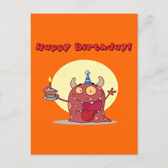 Funny Red Happday Monster mit Kuchen Postkarte (Vorderseite)