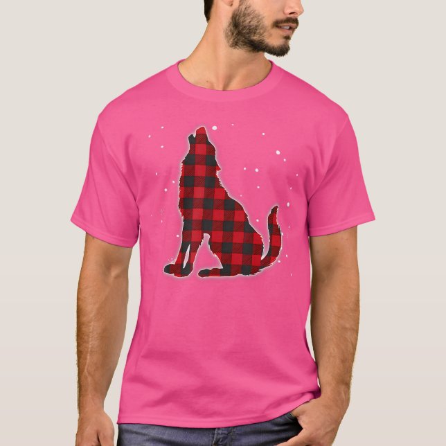 Funny Red Kariert Wolf Howling Matching Buffalo Fa T-Shirt (Vorderseite)