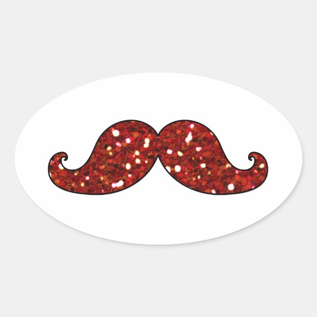 FUNNY RED MUSTACHE DRUCKTER GLITZER OVALER AUFKLEBER (Vorderseite)