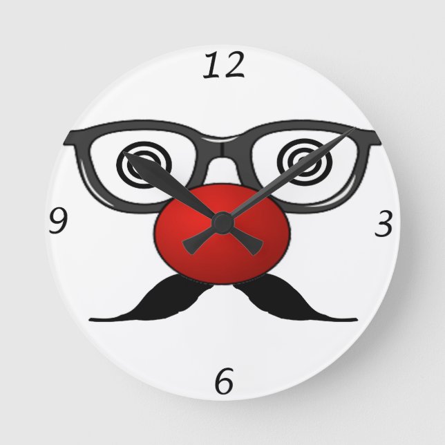 Funny Red Nose seltsame Augen Brille Schnurrbart Runde Wanduhr (Vorderseite)
