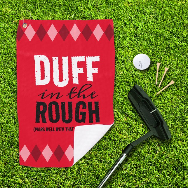 Funny Red Raute Duff in Rough Golfhandtuch (duff in the rough red argyle golf towel with putter, ball, and 3 tees on the golf green)